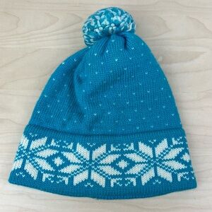 Vintage Slalom Women’s 100% Wool Winter Beanie Pom Hat Teal Blue Fair Isle